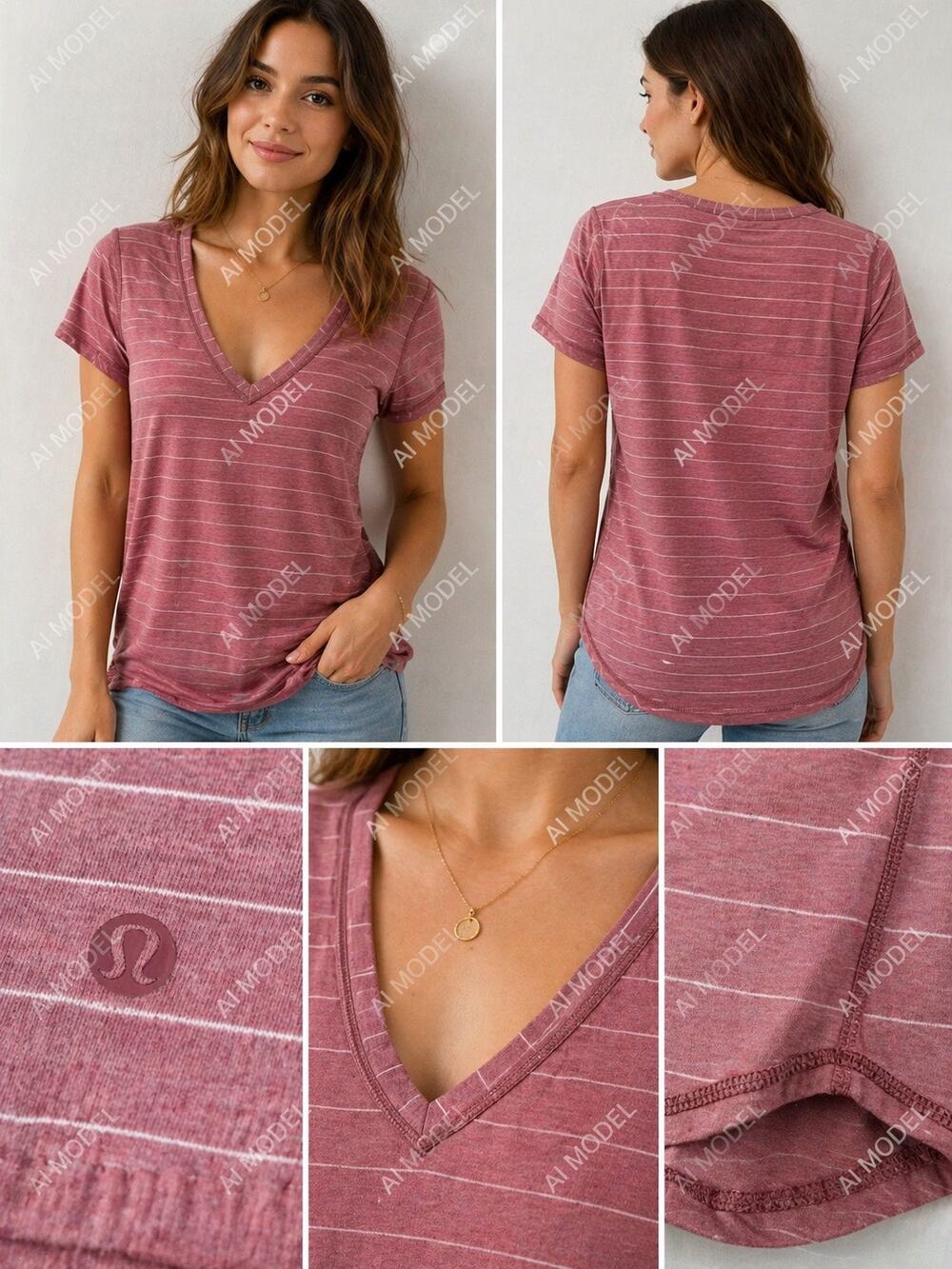 Lululemon Love Tee V Pink Stripe V Neck Short Sleeve Athleisure Top Med